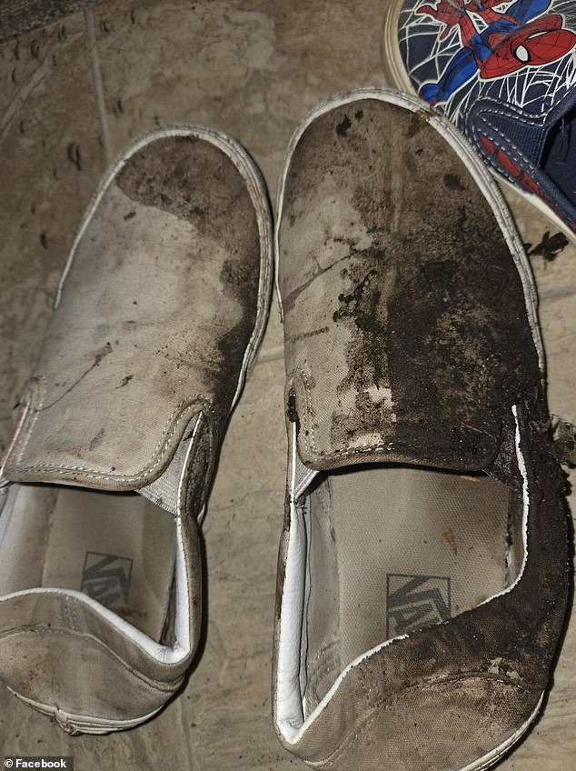 Veronica Schooner posted a photo of the mud-soaked shoes (pictured) of her ten-year-old son, Alverez, who was in the elementary school class that was attacked