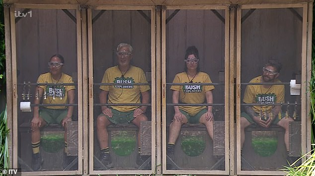 The four celebrities sat side by side on revolting toilets with critters falling down as they secured stars