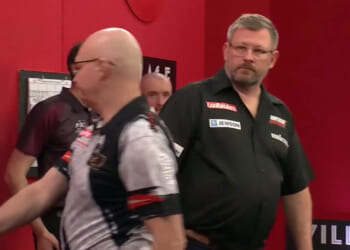 Tense moment James Wade gives Mickey Mansell death stare after frosty handshake with darts rival