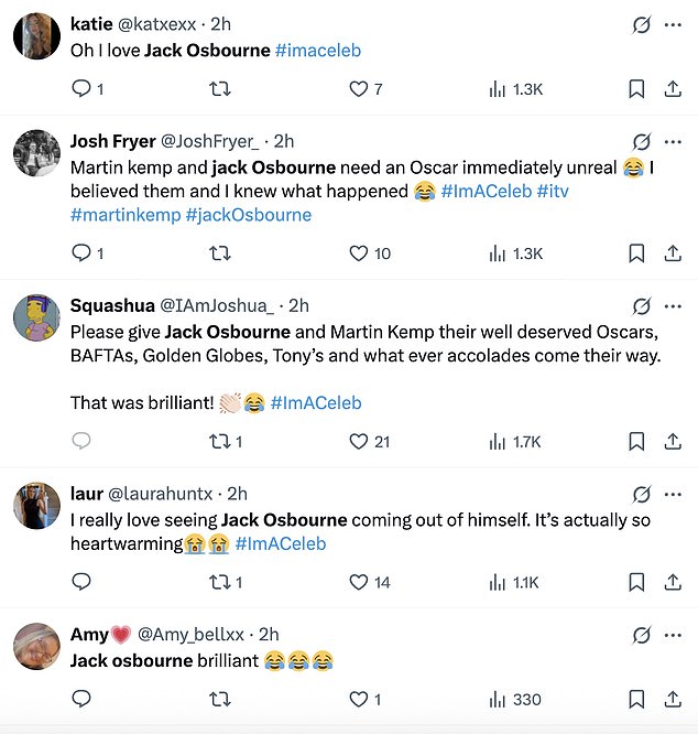 Comments read: 'I really love seeing Jack Osbourne coming out of himself. It¿s actually so heartwarming #ImACeleb'