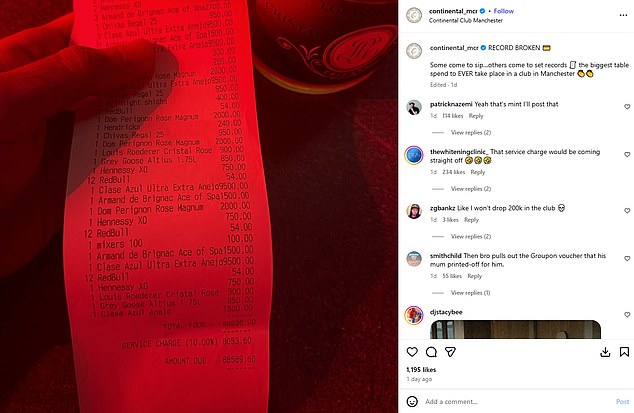 The club's post about the monster bar bill sparked mixed responses