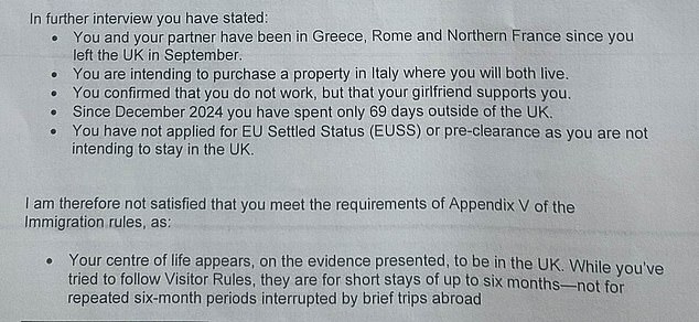 The brutal letter spelling out that, despite their intention to buy a house in Italy, the Home Office decided Domenico's 'centre of life' was in the UK