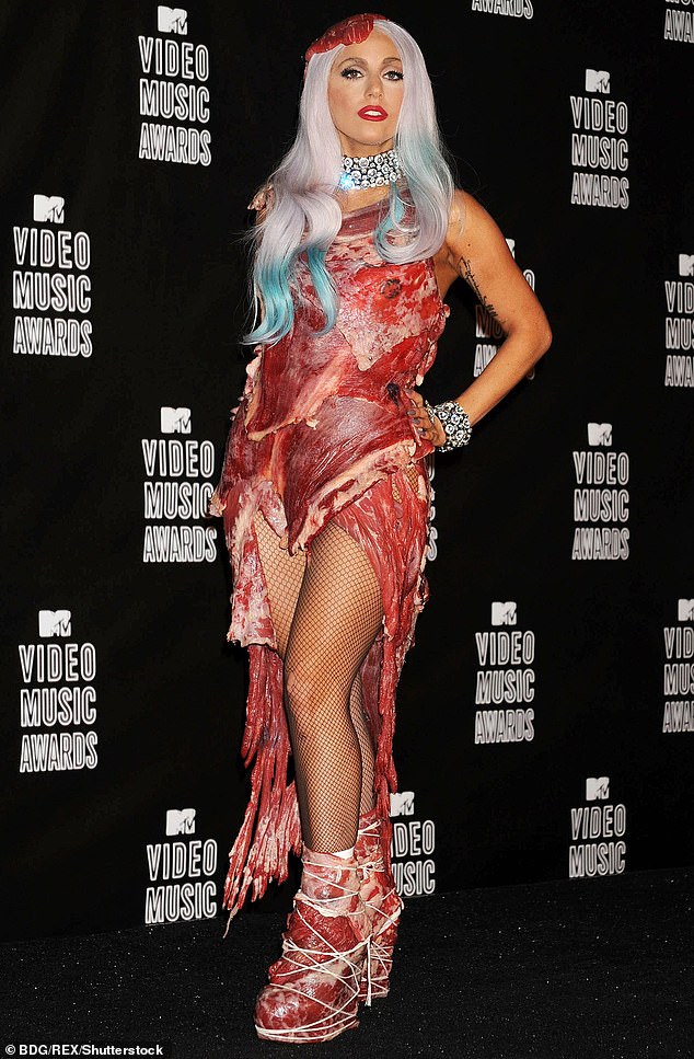 One of Lady Gaga's most controversial, attention-grabbing outfits was a dress made entirely out of meat (pictured in 2010)