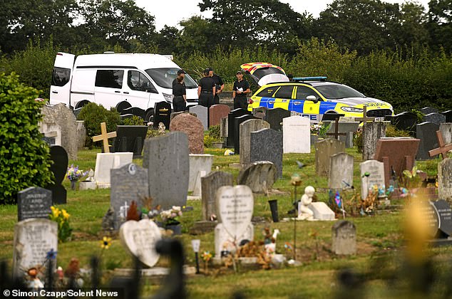 Pictured: The scene in Crofton Cemetery in Stubbington, Hampshire, where Ms Blackwood was stabbed to death