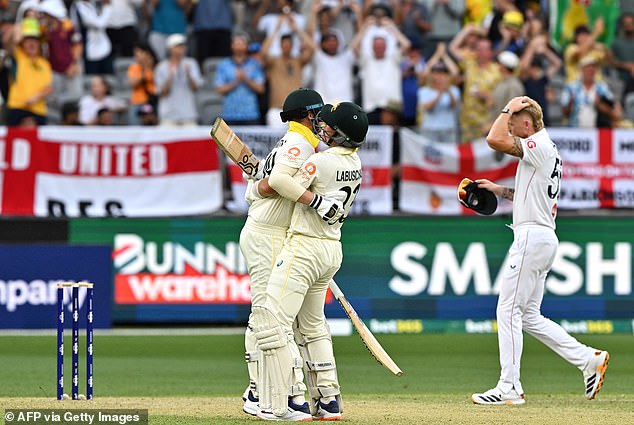 Steve Smith and Marnus Labuschagne celebrate after seeing Australia over the line