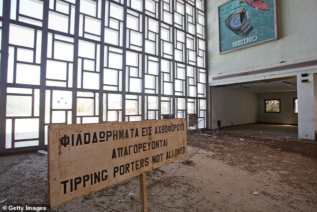 A sign reading 'Tipping porters not allowed' at the abandoned Nicosia International Airport