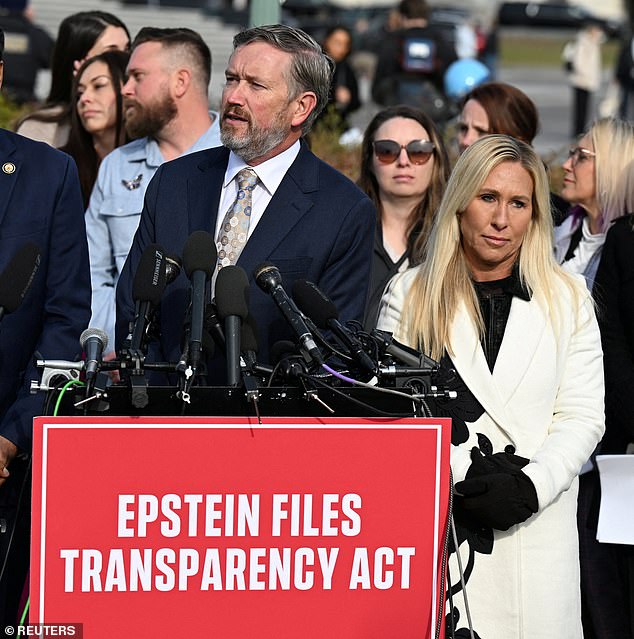 Greene publicly broke with Trump earlier this year over the White House's bungled release of the 'Epstein files', joining other rebel Republicans including Rep. Thomas Massie (seen together) in crossing party lines