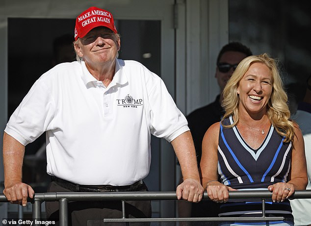 During her video, Greene branded the president 'hateful' for revoking his endorsement, a move that quickly saw him fire back and label her a 'raging lunatic'