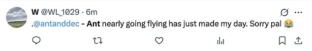 Fans joked on X: 'Ant nearly going flying has just made my day. Sorry pal',