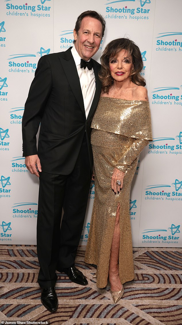 Joan put on a very glamorous display on the red carpet in a glitzy gold sequin off-the-shoulder gown, which featured a leg split