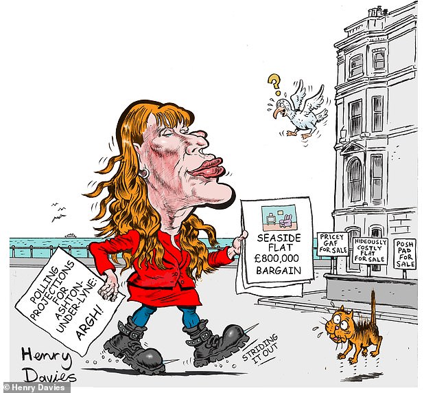 A comic by Henry Davies shows Angela Rayner with polling projections for Ashton-under-Lyne and an advertisement for a seaside flat