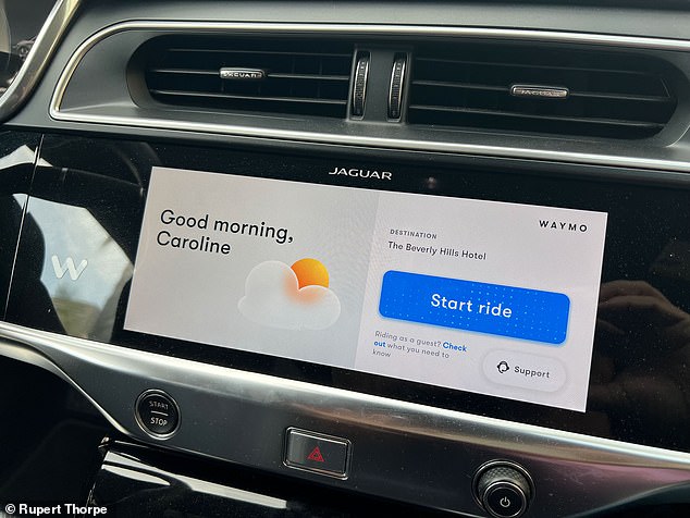 Pictured: The dashboard welcome for Caroline as she gets into her driverless car