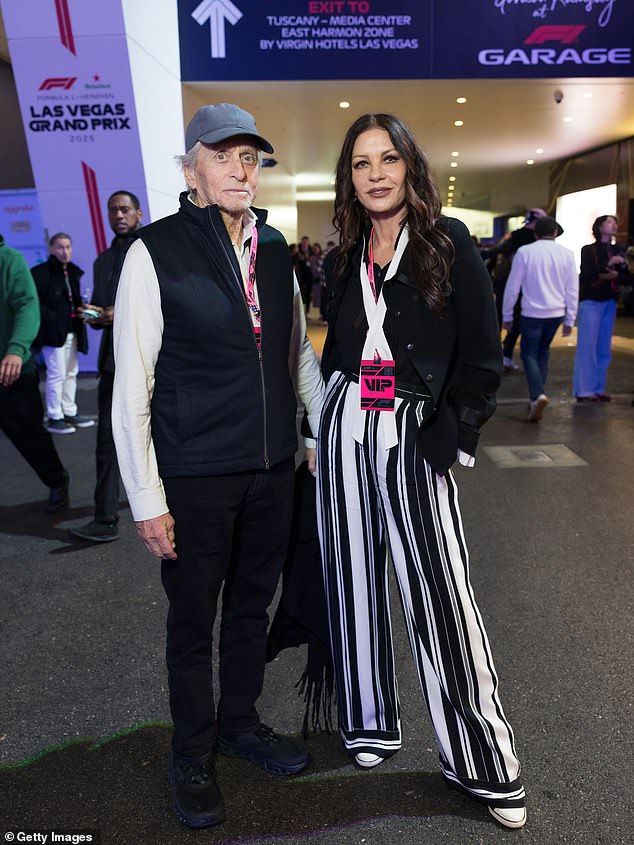 Catherine Zeta-Jones and her husband Michael Douglas during the F1 Grand Prix in Las Vegas on November 21, 2025