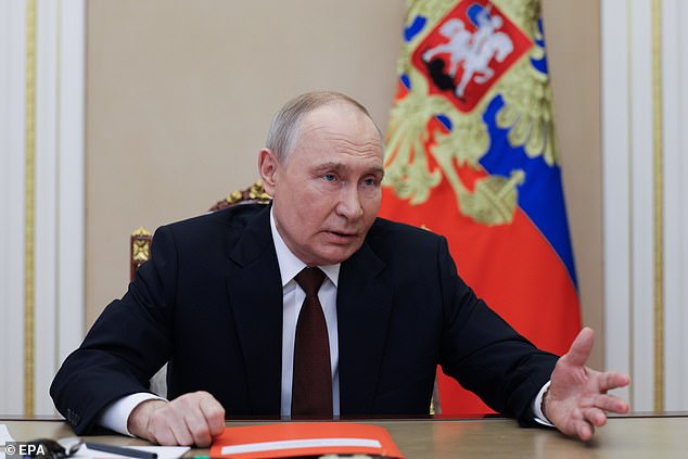Vladimir Putin delivers a speech at an operational meeting with permanent members of the Russian Security Council at the Kremlin in Moscow, Russia, on November 21, 2025.