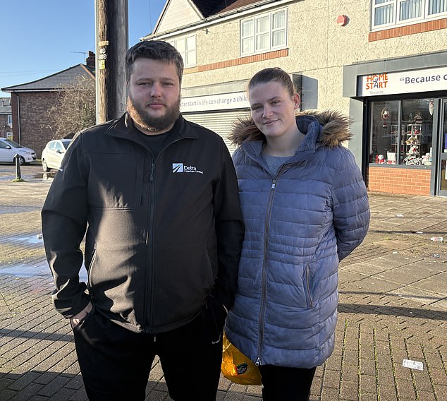 Across the Brambles Farm estate, mother-of-three Charlotte Hines and Patrick Brannigan, 33, are hunting for bargain Christmas presents in a charity shop.
