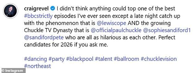 Joined by one of this year's contestants, Lewis Cope, the judge posed for a group snap with the stars who joined him in the bar after watching the Strictly show from the audience