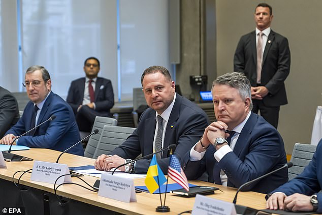 Head of the Office of the President of Ukraine Andriy Yermak (centre) ahead of talks with the US delegation in Geneva