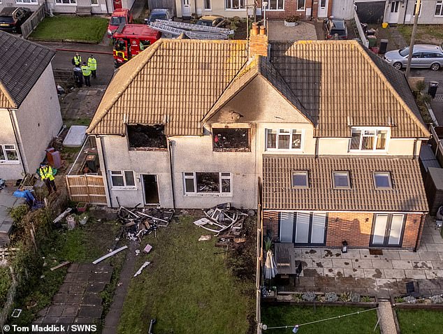 An aerial view of the scene of the house fire which took place shortly after 7am on Friday