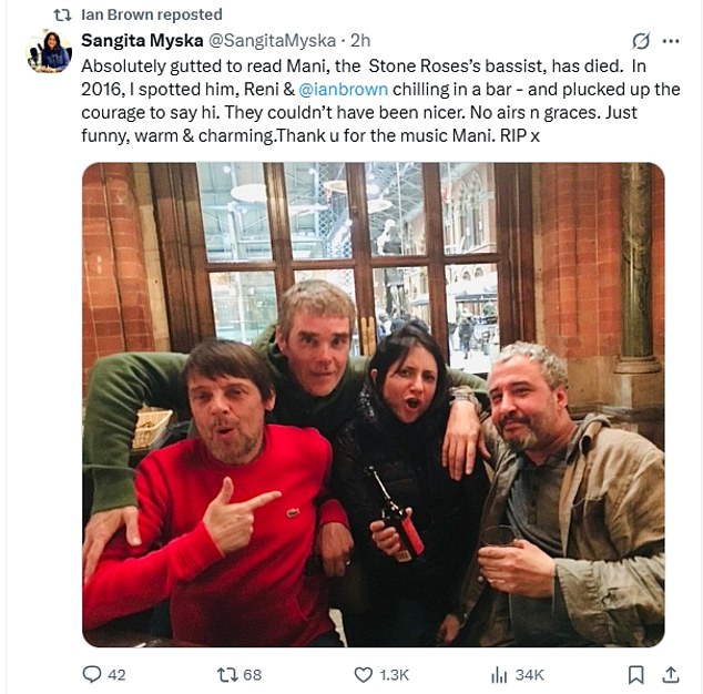 Ian also reshared a fan post which included a throwback photo when they met the band. The fan wrote: 'Absolutely gutted to read Mani, the Stone Roses¿s bassist, has died'