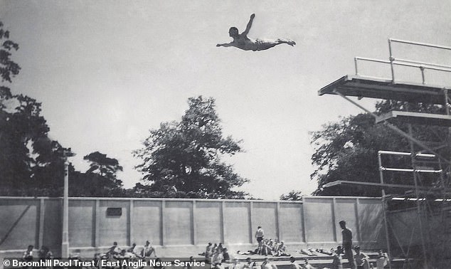 A swimmer jumps of the diving board at Broomhill Pool before it closed down in 2002