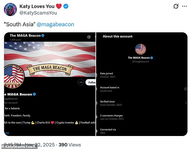 The MAGA Beacon account has since been disabled, but was posting from south Asia.