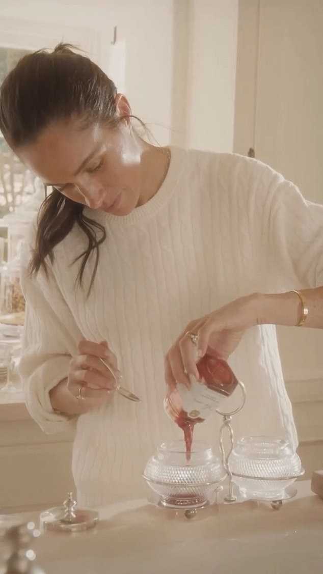 In a vintage serving dish, Meghan scooped out a few spoonful's of her £9 raspberry spread and claimed it was 'a really nice way to add to a little yogurt parfait station'