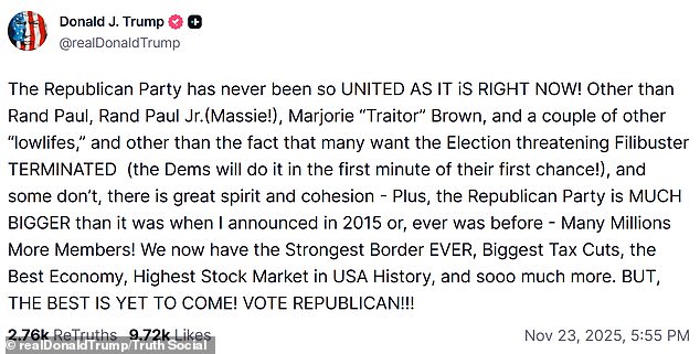 In a savage public critique on Truth Social on Sunday night, Trump singled out Thomas Massie, Marjorie Taylor Greene and Rand Paul as 'lowlifes' and 'traitors'