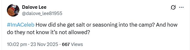 Viewers took to X to question how Alex managed to smuggle the seasoning into camp