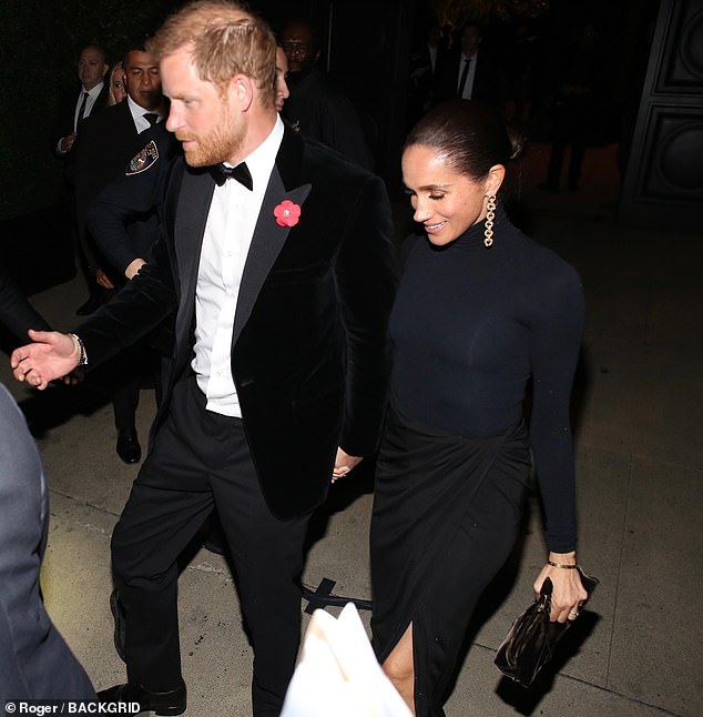 The Duke and Duchess of Sussex are seen leaving Kris Jenner's 70th birthday party at Jeff Bezos' home in Beverly Hills