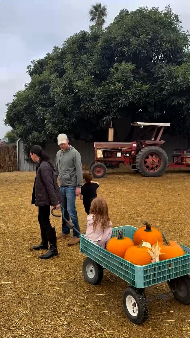 Harry and Meghan with their children at a pumpkin patch in Halloween season