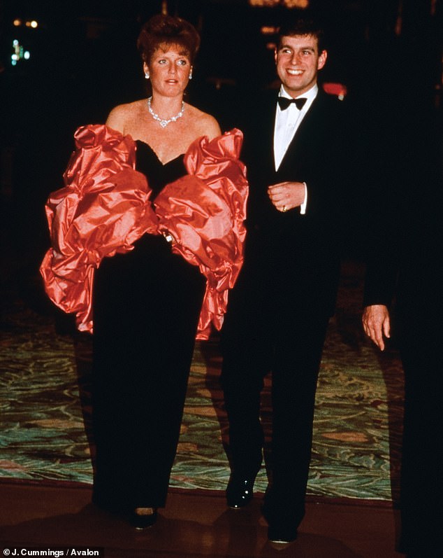 Sarah wearing a very flamboyant dress,  arrived with Prince Andrew at a reception in Los Angeles in 1988