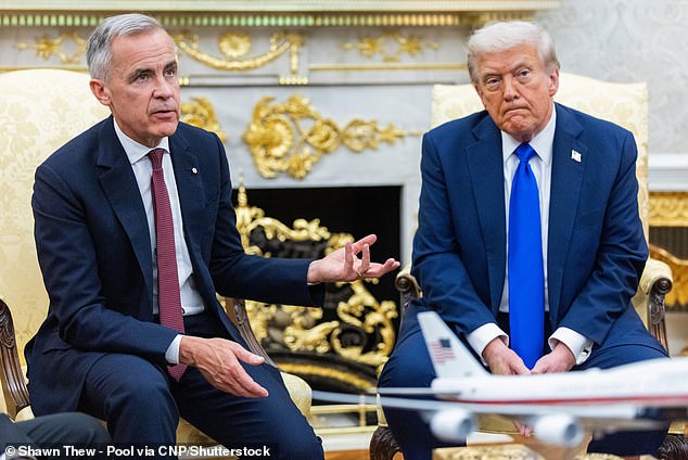 The jab at the commander-in-chief comes just weeks after Carney apologized to Trump over an anti-tariff TV advertisement that included remarks made by former U.S. President Ronald Regan. (Pictured: Carney and Trump in the Oval Office in October)