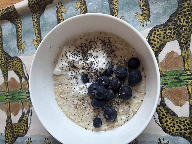 Porridge oats with blueberries and chia seeds (upping Miranda’s plant scores), plus a dollop of Greek yoghurt to increase her protein intake and keep her fuller for longer