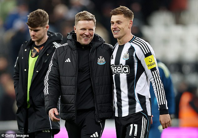 Harvey Barnes (right) is one of many English stars thriving under Newcastle boss Eddie Howe
