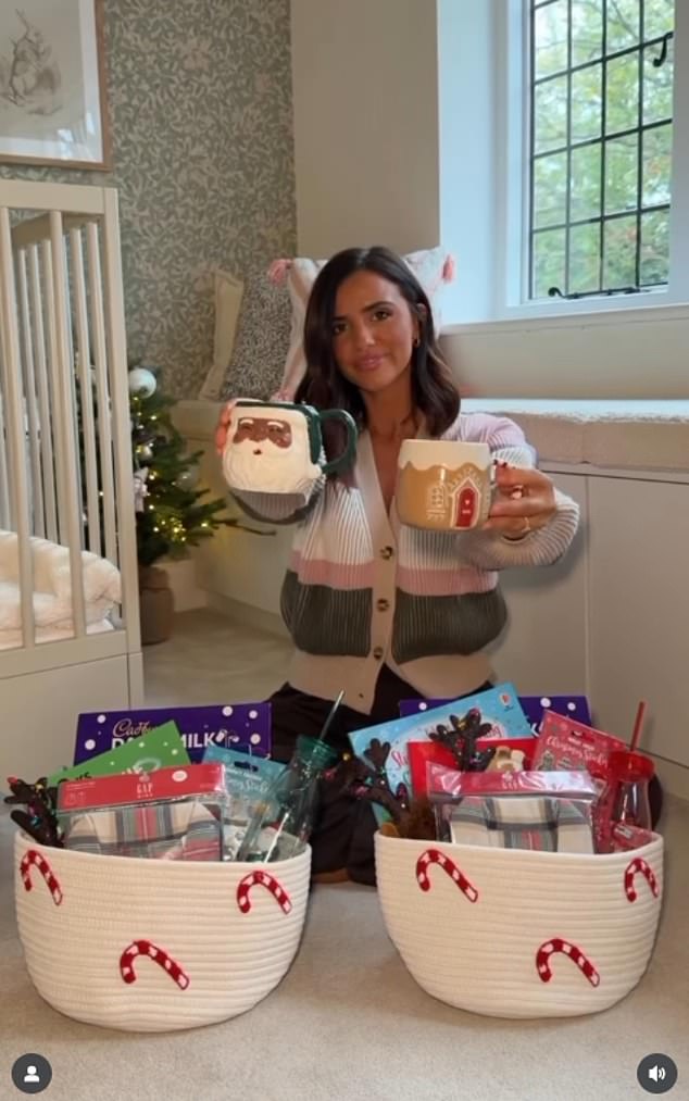 TOWIE star Lucy Mecklenburgh, 34, had a mini Christmas tree in the background as she made her children '1st December baskets' for advent