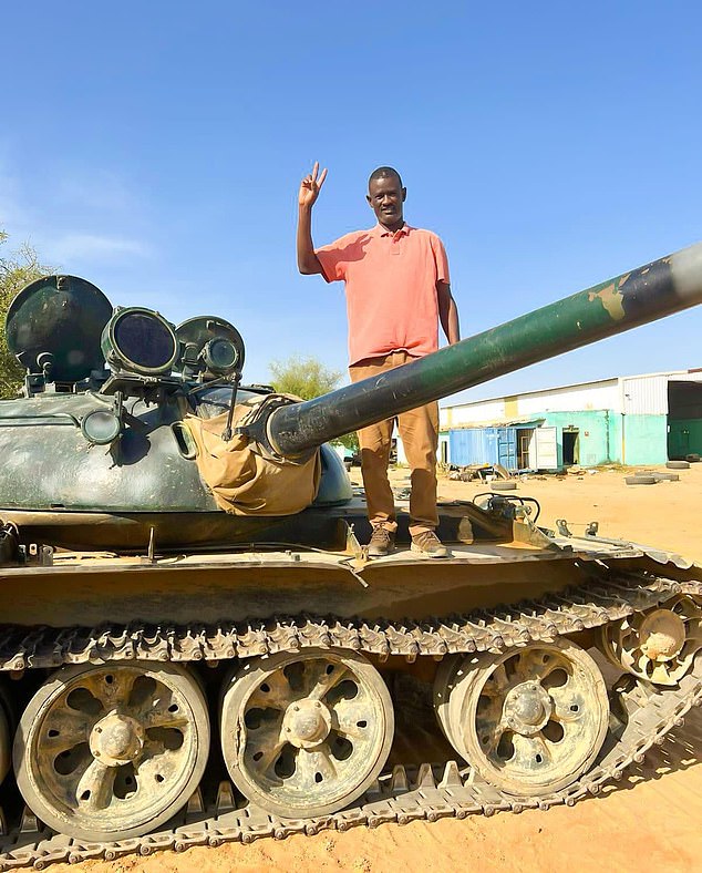 Alrabea posted photographs of himself standing on a tank in Sudan, which he visited shortly after the current civil war first erupted