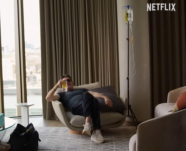 Cowell, pictured hooked up to a drip in the trailer, says: ‘There’s so much at stake, there is a huge risk here. If this goes wrong, it will be “Simon Cowell has lost it”’