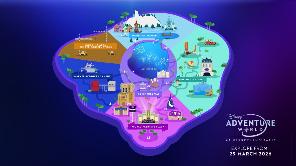 Illustration of the Disney Adventure World map at Disneyland Paris, showing different themed lands including World of Frozen, Worlds of Pixar, Marvel Avengers Campus, a Lion King Area (under construction), and Adventure Bay.