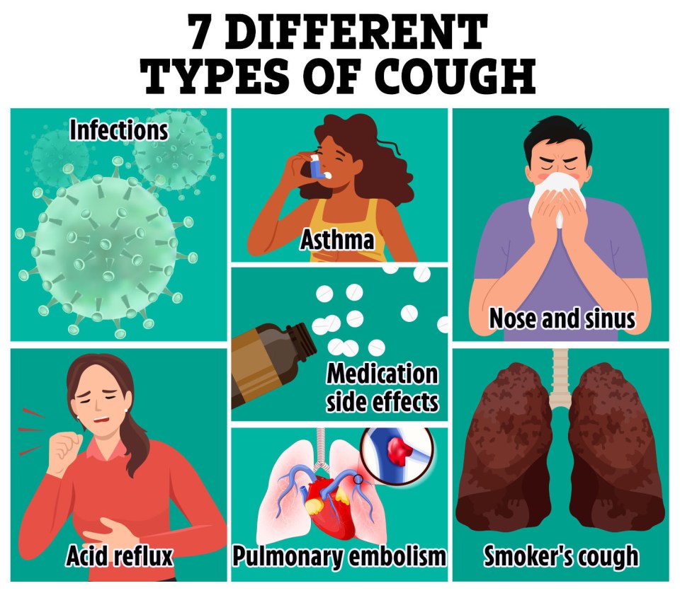 Illustration of seven different types of coughs: infections, asthma, nose and sinus, medication side effects, acid reflux, pulmonary embolism, and smoker's cough.