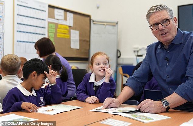 Prime Minister Sir Keir Starmer with pupils at Welland Academy in Peterborough yesterday