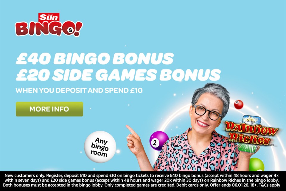 The Sun Bingo promotion offering £40 bingo bonus and £20 side games bonus when depositing and spending £10.