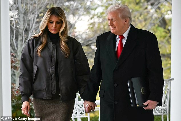 Trump was joined by Melania, who wore a leather aviator-style bomber jacket, black turtle neck and a brown herringbone skirt