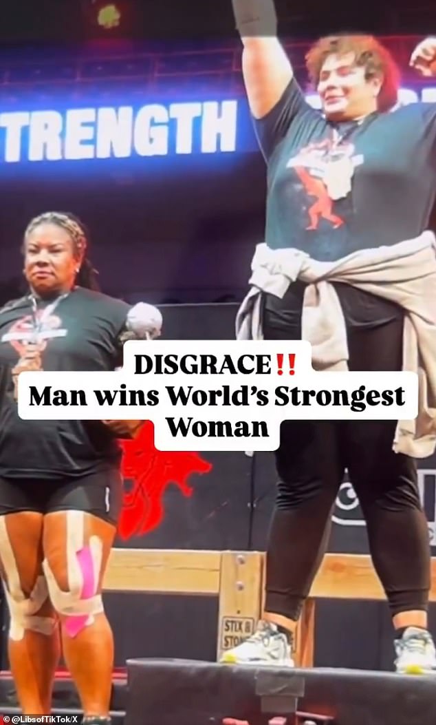 Footage showed runner-up Andrea Thompson (left) appearing to say 'this is bulls***' as she shared a podium with Booker at the World's Strongest Woman event last week