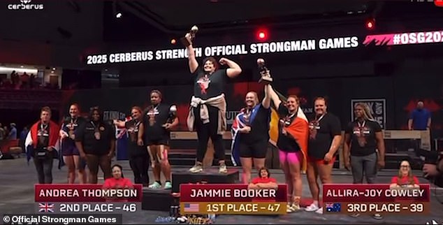 A British female powerlifter angrily stormed off a podium muttering 'this is bulls**t' after her allegedly transgender rival won the World's Strongest Woman contest in Texas