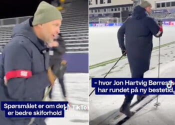 Champions League reporter SKIS down the sideline hours before clash takes place in snow-ridden stadium