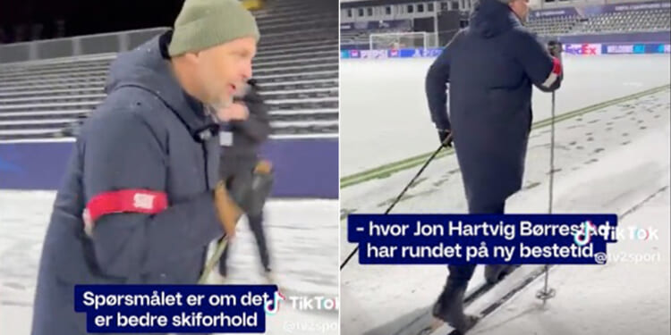Champions League reporter SKIS down the sideline hours before clash takes place in snow-ridden stadium