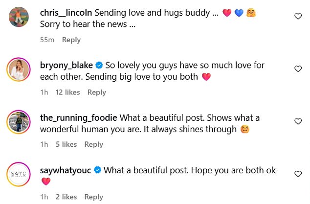 A number of stars commented on Jeff's post. Kate Lawler wrote: 'Ah guys how lovely that you’re still so close', while Lisa Snowdon and Rebecca Loos posted love heart emojis