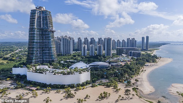Drone photograph of apartment blocks and other facilities in the Forest City special financial zone in Iskandar Puteri, Johor state, Malaysia