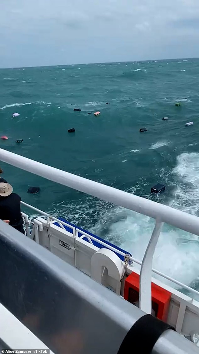 In footage shared on her TikTok account, Ms Zamparelli showed how dozens of suitcases and backpacks bobbed up and down in the sea as the ferry navigated through the choppy waters.
