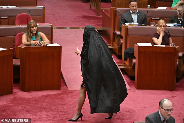 Pauline Hanson is seen wearing the burqa on the Senate floor on Monday